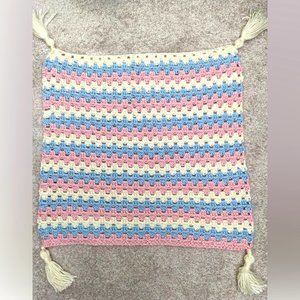 Handmade Crochet Striped Pink, Blue, White Small Baby Blanket with Tassels